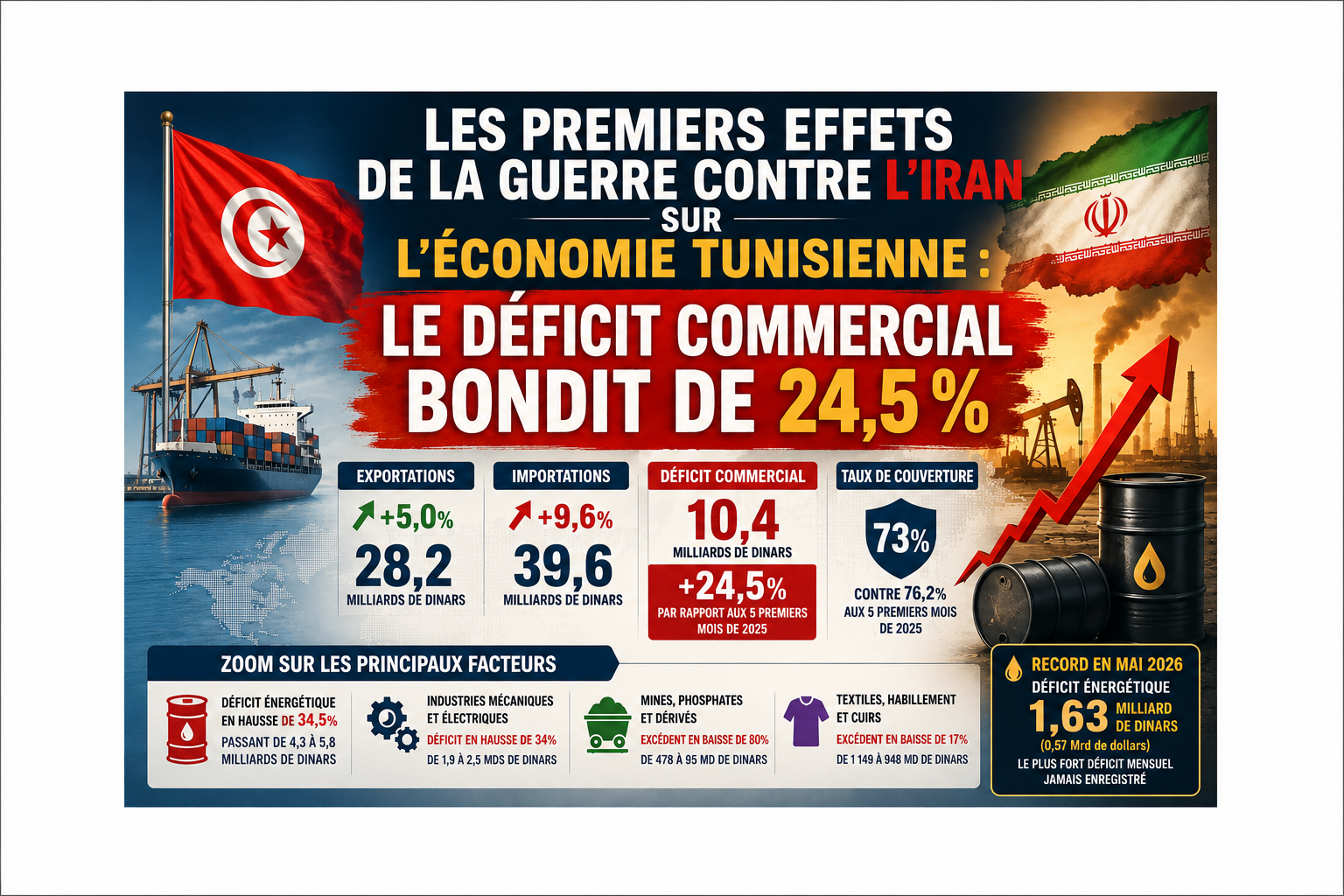 Les premiers effets de la guerre contre l’Iran sur l’économie tunisienne : le déficit commercial bondit de 24,5 % au mois de mai 2026