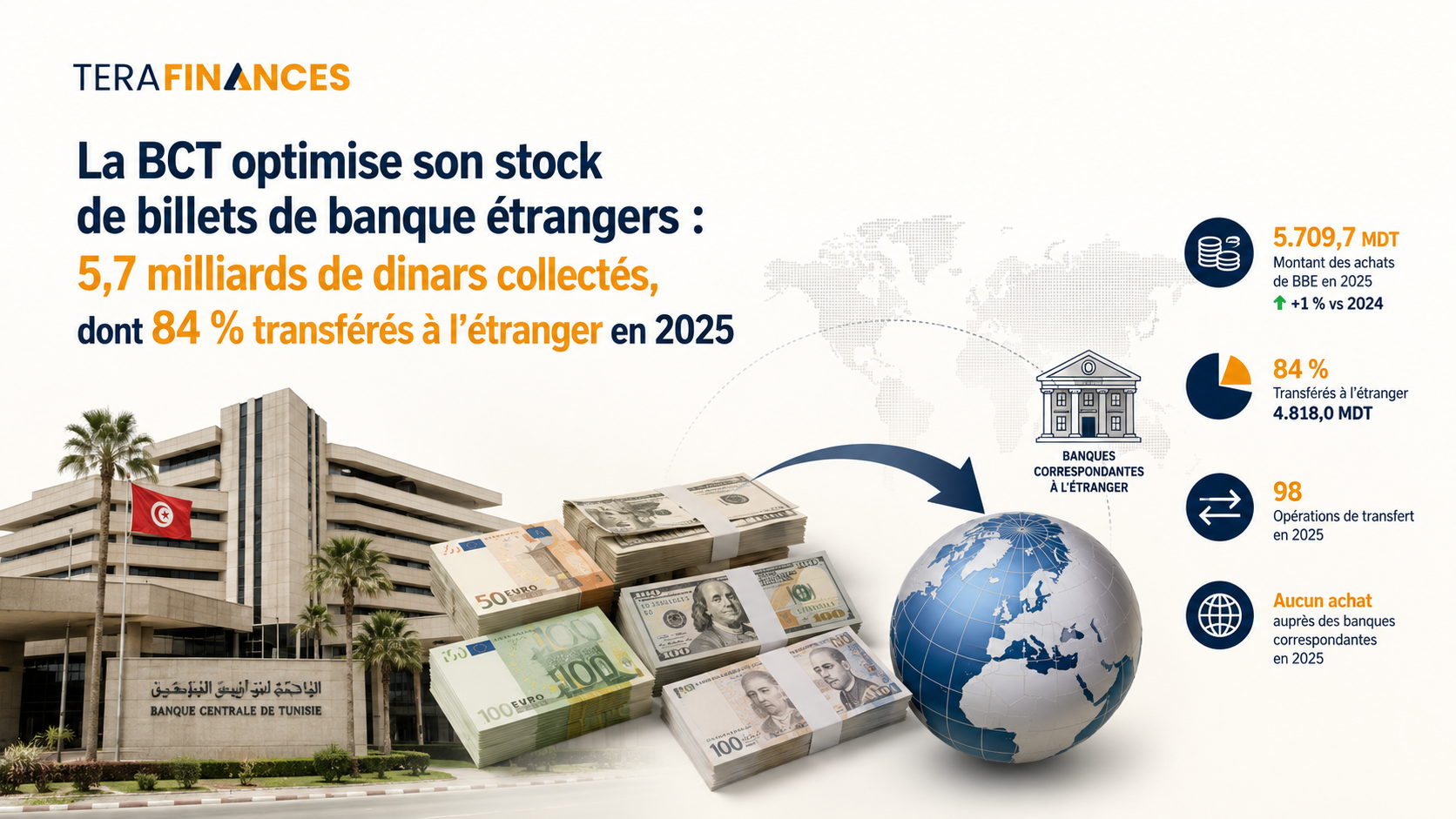 La BCT optimise son stock de billets de banque étrangers : 5,7 milliards de dinars collectés, dont 84 % transférés à l'étranger en 2025