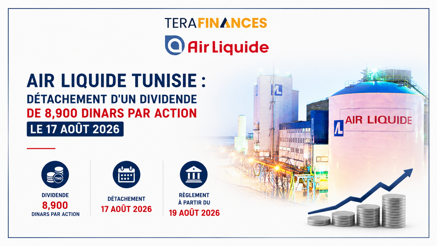 Air Liquide Tunisie : détachement d'un dividende de 8,900 dinars par action le 17 août 2026